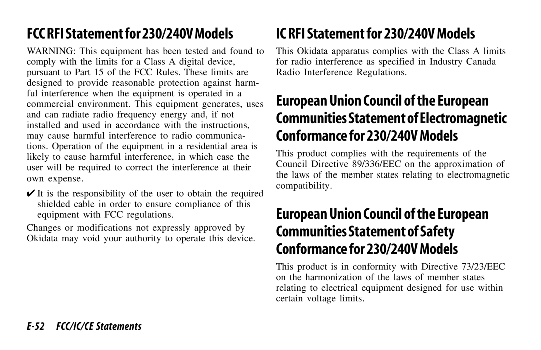 Oki 520, 521 manual FCC RFI Statement for 230/240V Models, 52 FCC/IC/CE Statements 