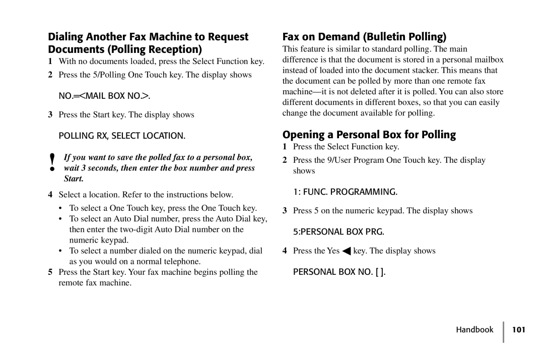 Oki 5250 Fax on Demand Bulletin Polling, Opening a Personal Box for Polling, NO.=MAIL BOX no, Polling RX, Select Location 