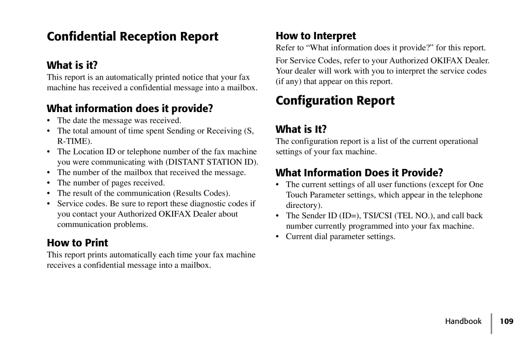 Oki 5250 manual Confidential Reception Report, Configuration Report 