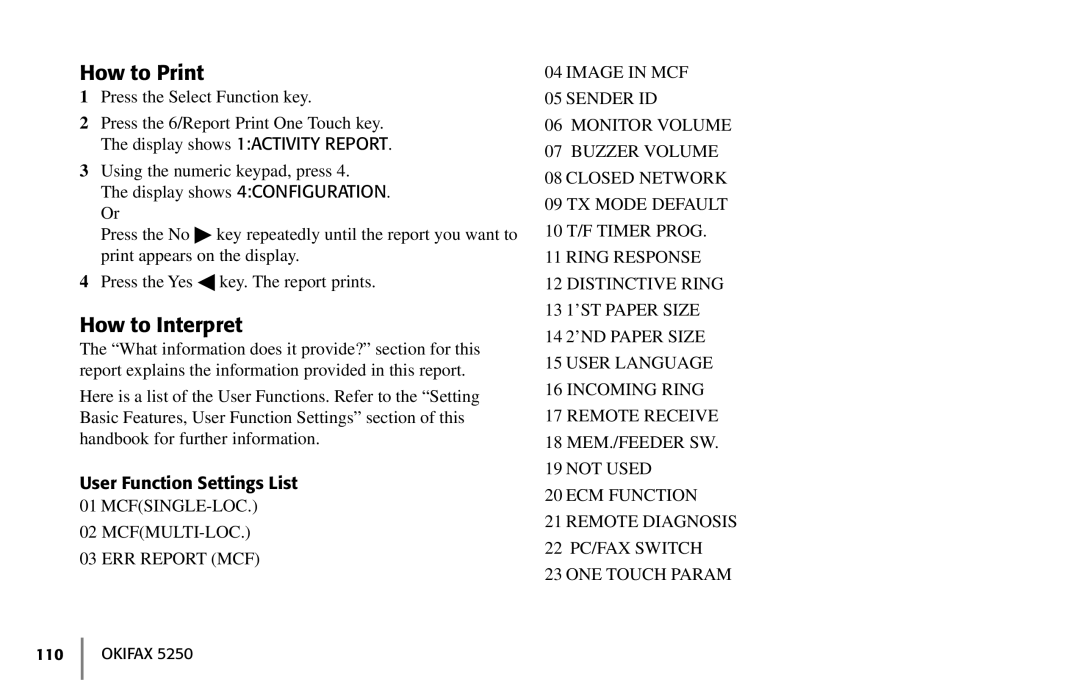 Oki 5250 manual User Function Settings List 