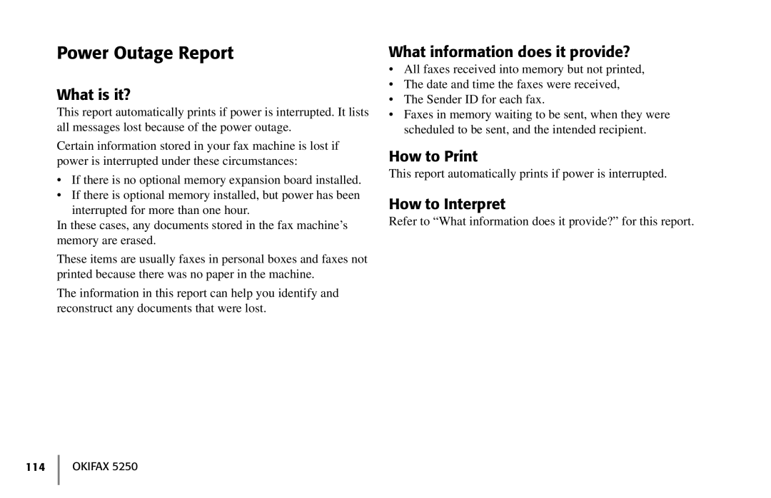 Oki 5250 manual Power Outage Report 