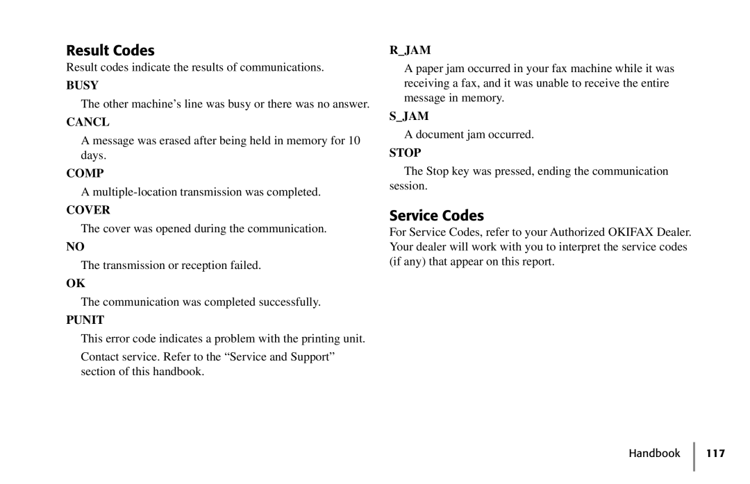 Oki 5250 manual Result Codes, Service Codes 