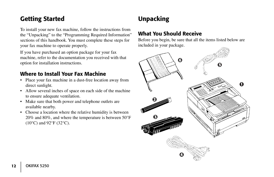 Oki 5250 manual Getting Started, Unpacking, Where to Install Your Fax Machine, What You Should Receive 