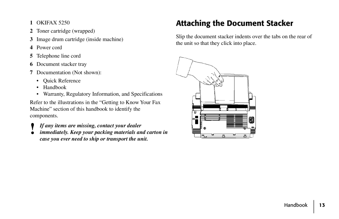 Oki 5250 manual Attaching the Document Stacker 