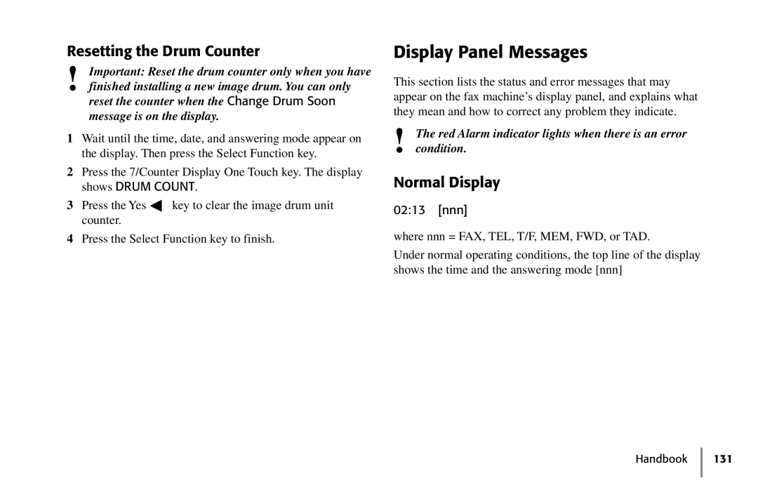 Oki 5250 manual Display Panel Messages, Resetting the Drum Counter, Normal Display, 0213 nnn 