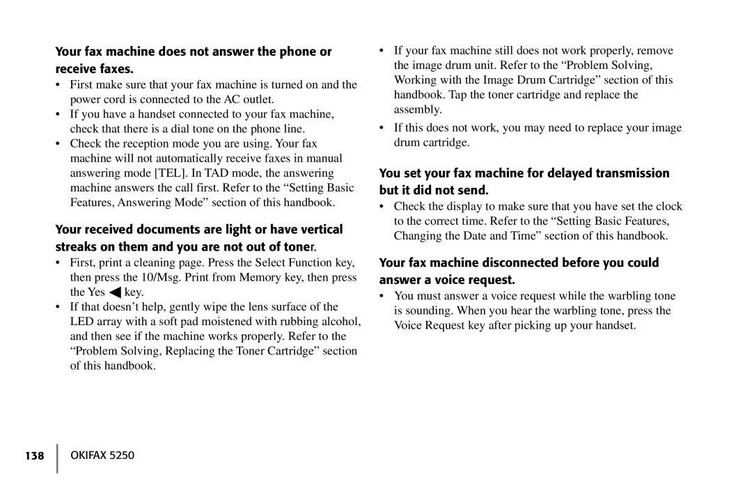 Oki 5250 manual Your fax machine does not answer the phone or receive faxes 