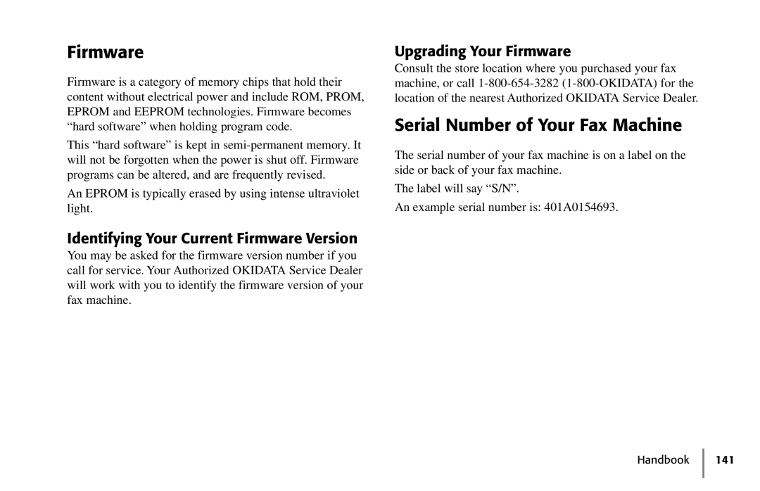 Oki 5250 manual Serial Number of Your Fax Machine, Identifying Your Current Firmware Version, Upgrading Your Firmware 