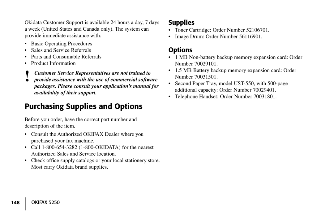 Oki 5250 manual Purchasing Supplies and Options 