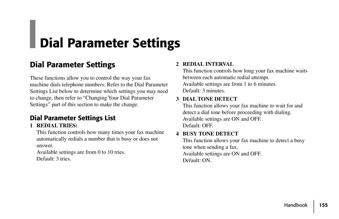 Oki 5250 manual Dial Parameter Settings List 