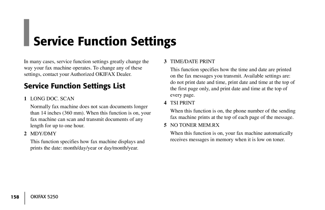 Oki 5250 manual Service Function Settings List 