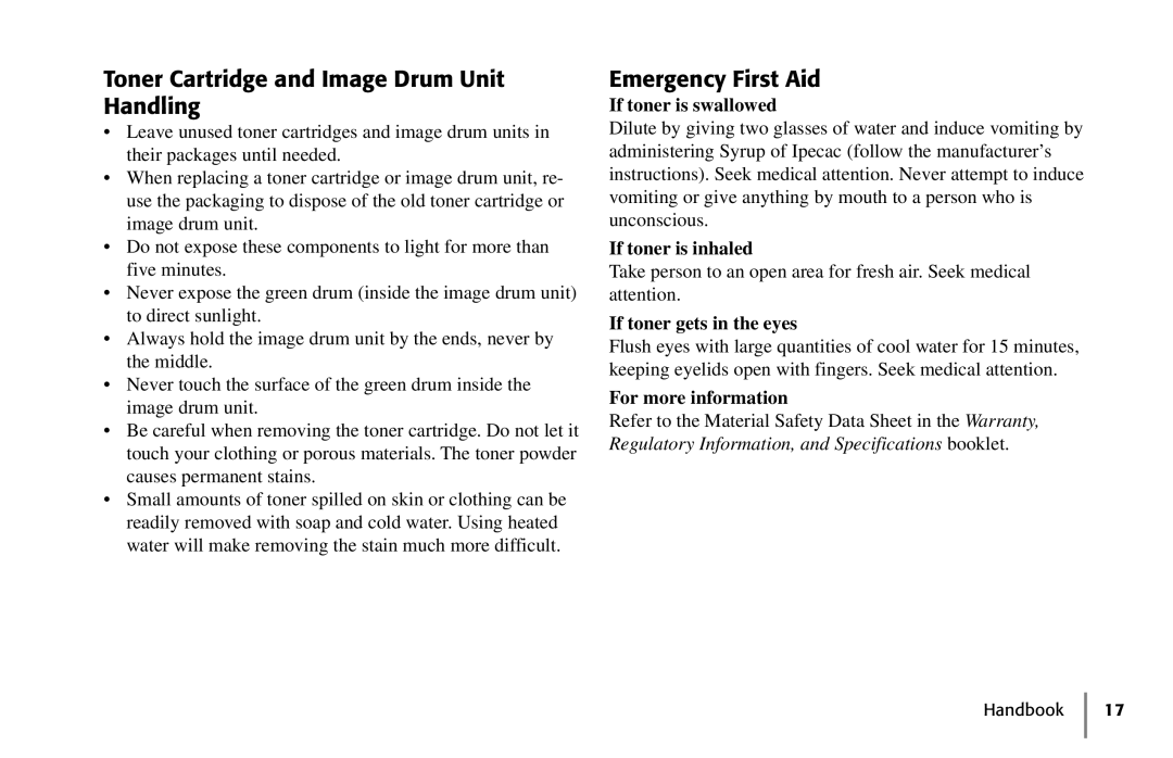 Oki 5250 manual Toner Cartridge and Image Drum Unit Handling, Emergency First Aid 