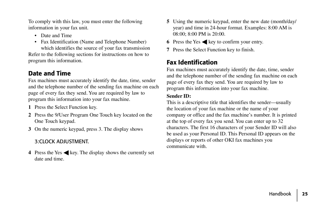 Oki 5250 manual Date and Time, Fax Identification, 3CLOCK Adjustment, Sender ID 