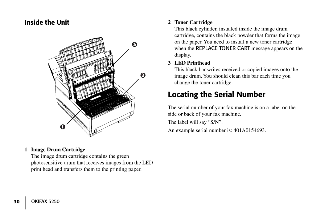 Oki 5250 manual Locating the Serial Number, Inside the Unit, Image Drum Cartridge, Toner Cartridge, LED Printhead 