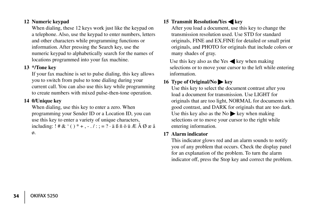 Oki 5250 manual 13 */Tone key, 14 0/Unique key, Transmit Resolution/Yes key, Type of Original/No key, Alarm indicator 