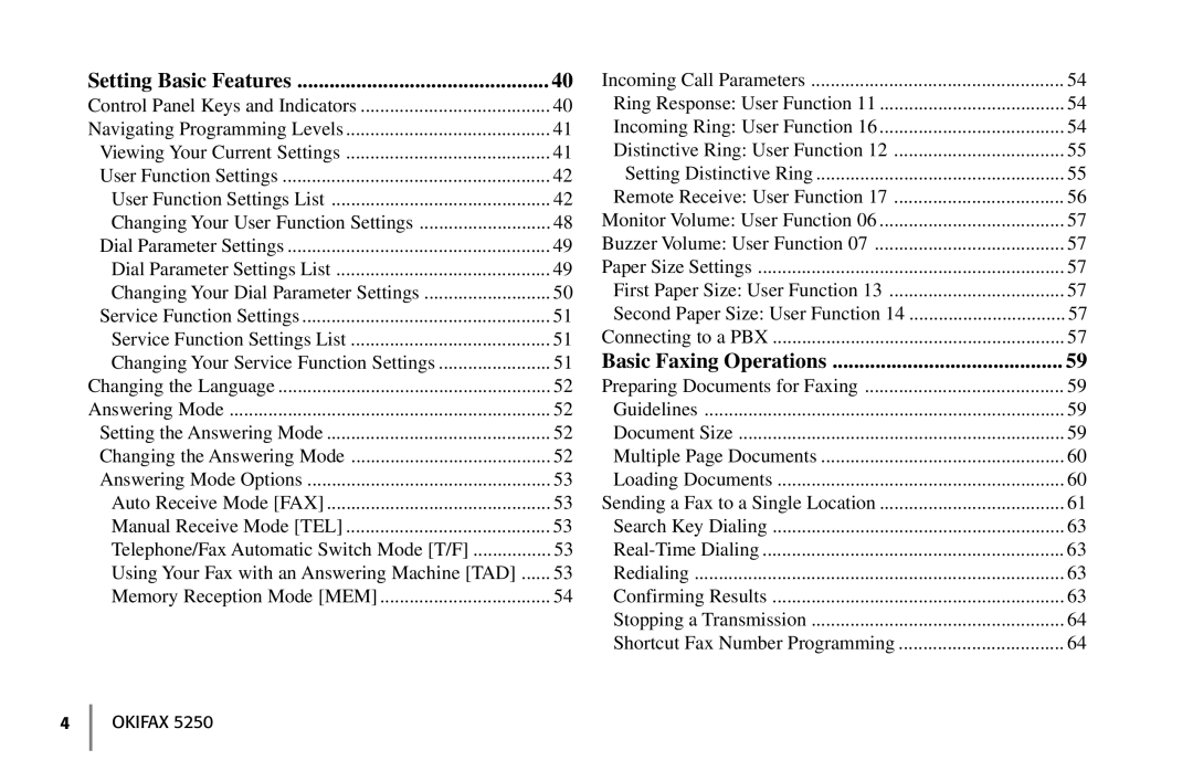 Oki 5250 manual Setting Basic Features, Basic Faxing Operations 