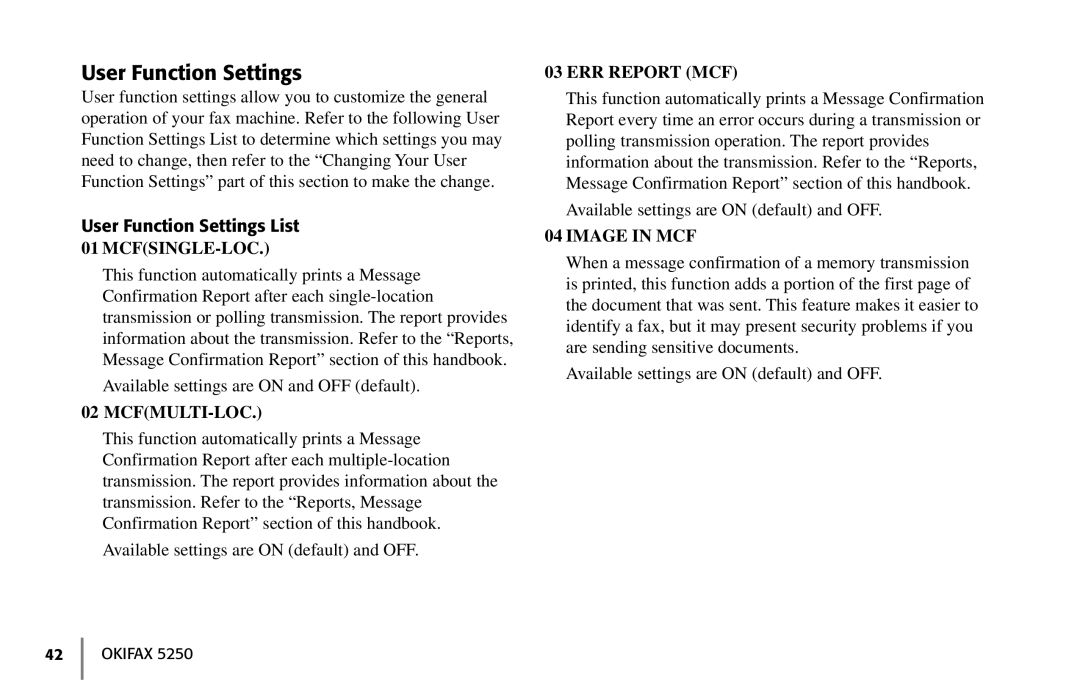 Oki 5250 manual User Function Settings List 