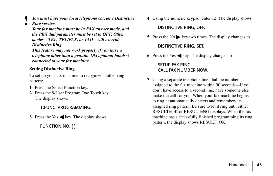Oki 5250 manual Setting Distinctive Ring, Function no, Distinctive RING, OFF, Distinctive RING, SET 