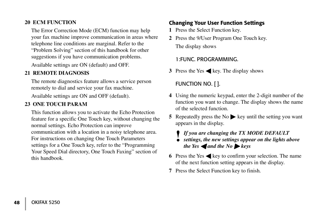 Oki 5250 manual ECM Function, Changing Your User Function Settings 