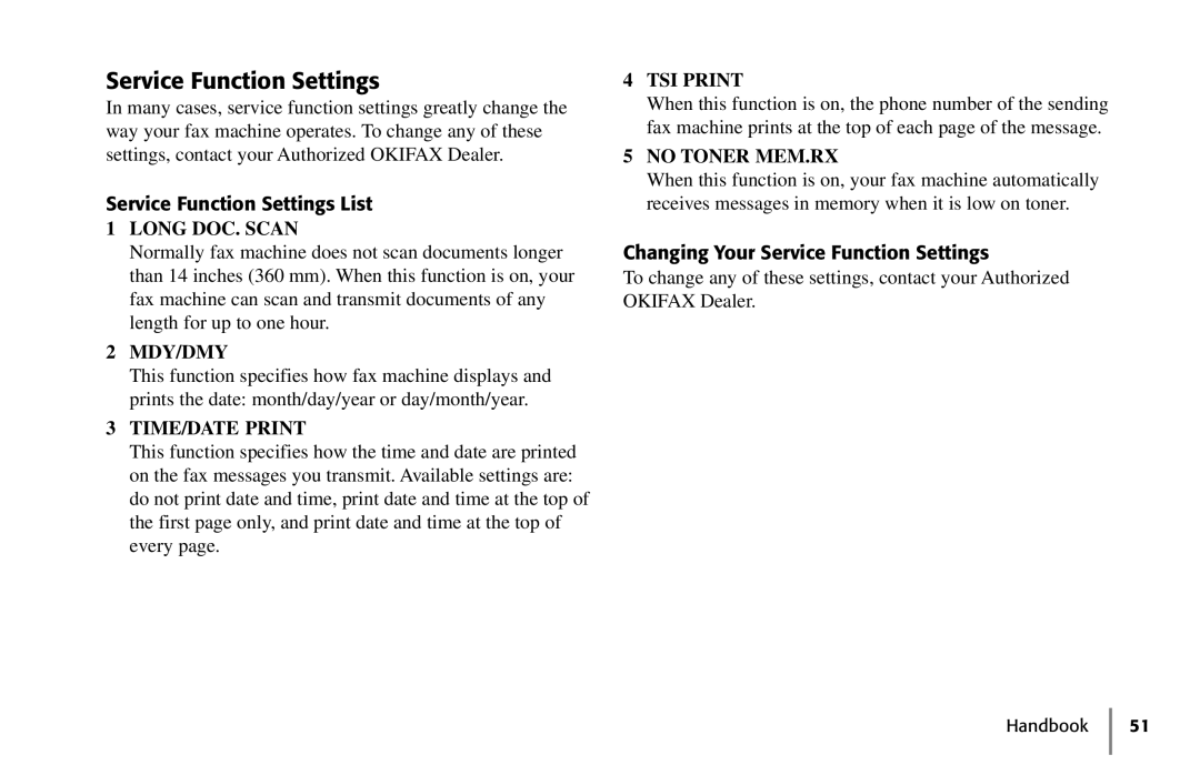 Oki 5250 manual Service Function Settings List, Changing Your Service Function Settings 