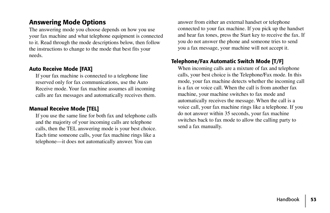 Oki 5250 Answering Mode Options, Auto Receive Mode FAX, Manual Receive Mode TEL, Telephone/Fax Automatic Switch Mode T/F 