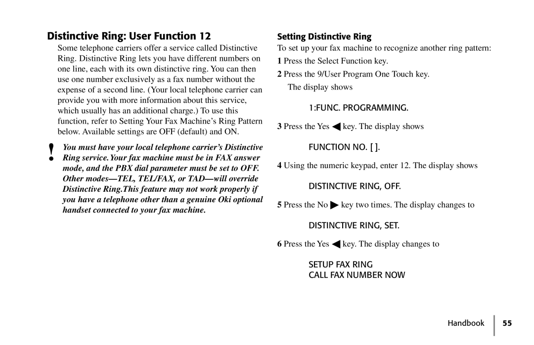 Oki 5250 manual Distinctive Ring User Function, Setting Distinctive Ring 