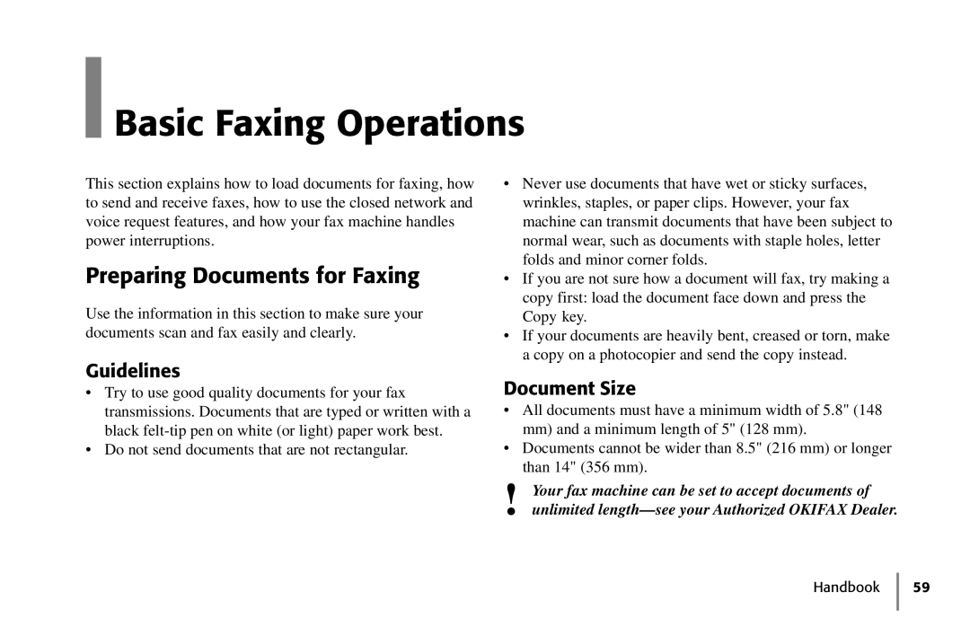 Oki 5250 manual Basic Faxing Operations, Preparing Documents for Faxing, Guidelines, Document Size 