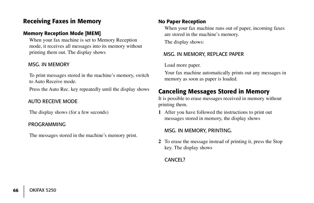 Oki 5250 manual Receiving Faxes in Memory, Canceling Messages Stored in Memory 