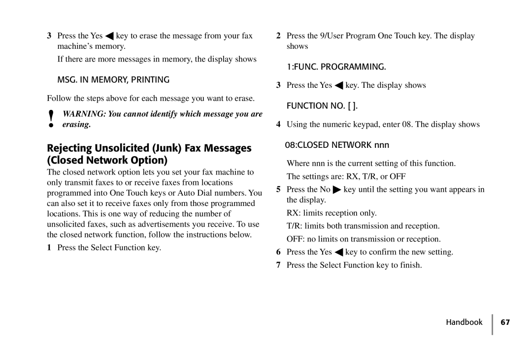 Oki 5250 manual 1FUNC. Programming, 08CLOSED Network nnn 