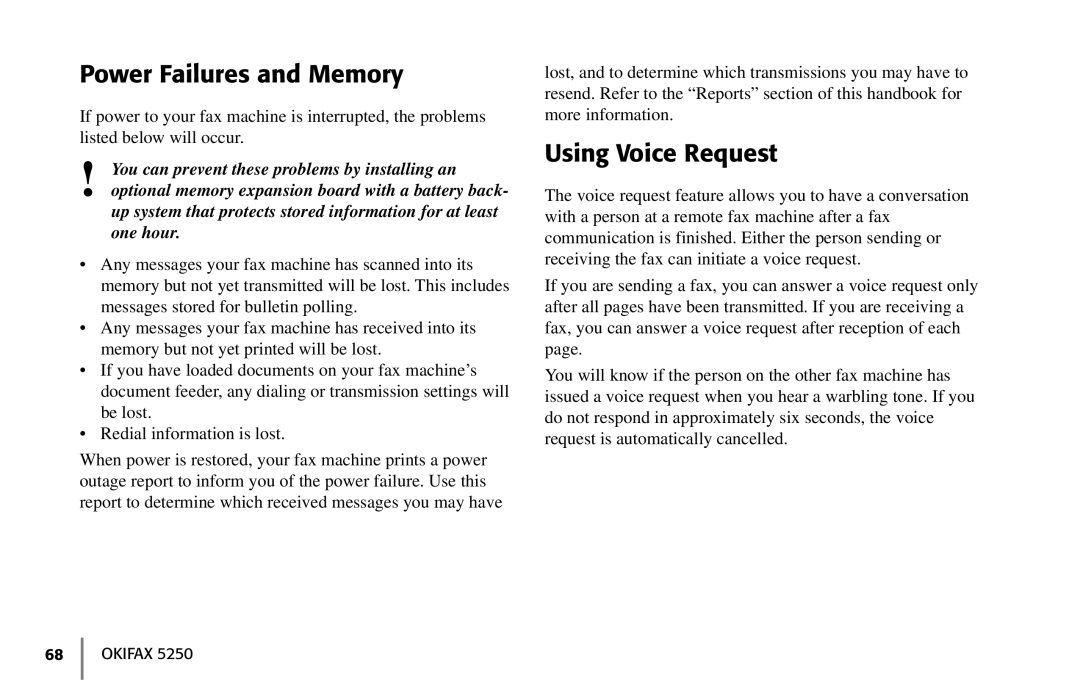 Oki 5250 manual Power Failures and Memory, Using Voice Request 