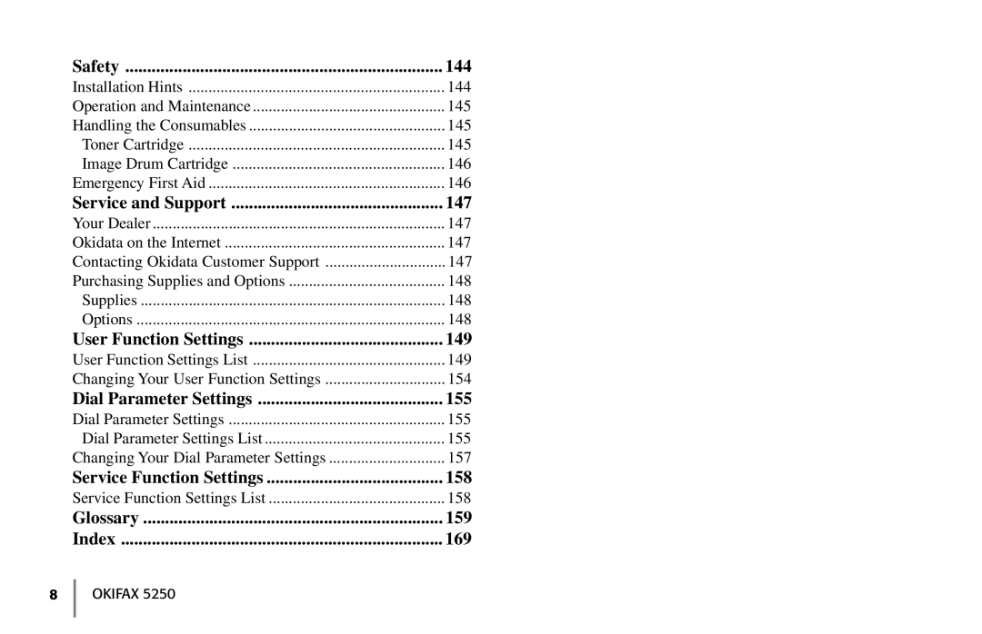 Oki 5250 Safety, Service and Support, User Function Settings, Dial Parameter Settings, Service Function Settings, Glossary 