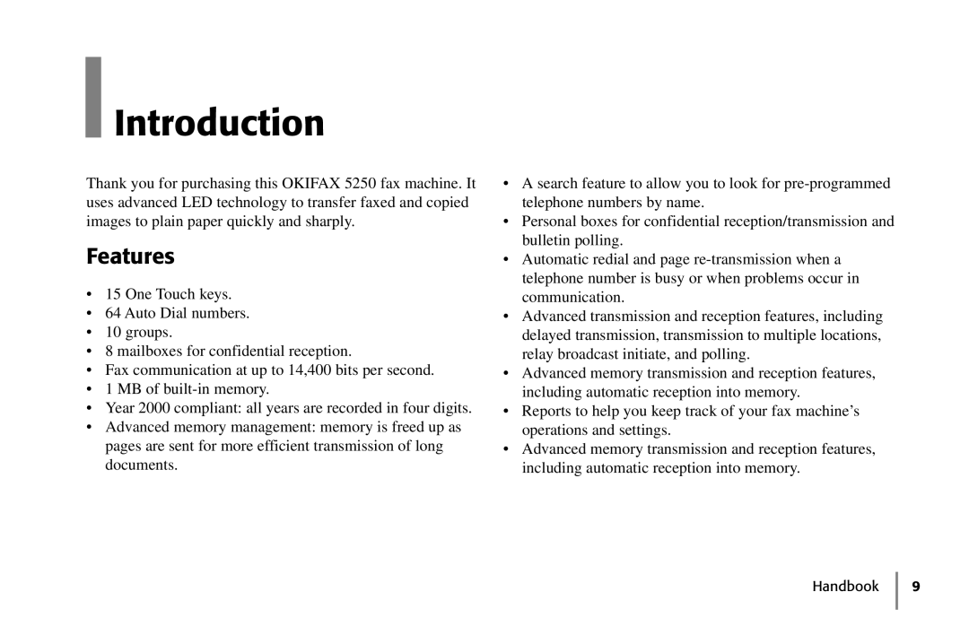 Oki 5250 manual Introduction, Features 