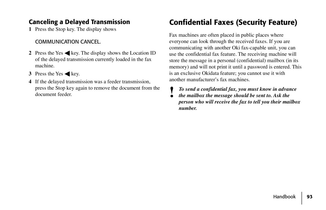 Oki 5250 manual Confidential Faxes Security Feature, Canceling a Delayed Transmission, Communication Cancel 