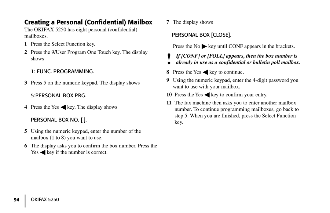 Oki 5250 manual Creating a Personal Confidential Mailbox, FUNC. Programming, 5PERSONAL BOX PRG, Personal BOX no 