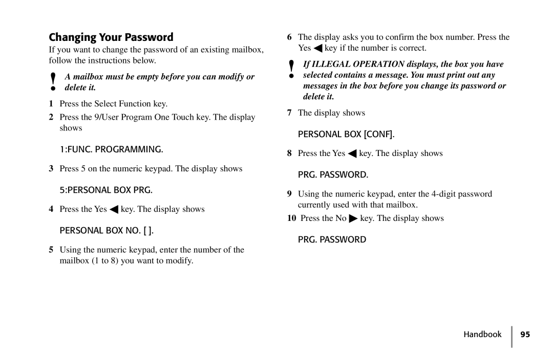 Oki 5250 manual Changing Your Password, Personal BOX Conf, PRG. Password 