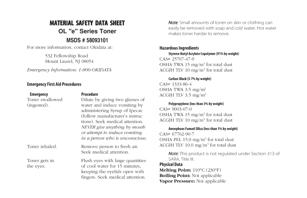 Oki 5300 Plus manual Material Safety Data Sheet 