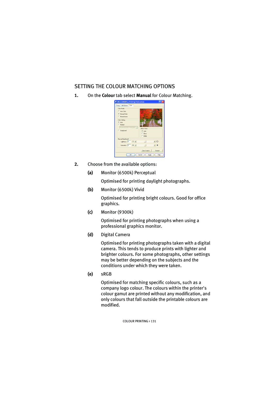 Oki 5300n manual Setting the Colour Matching Options 