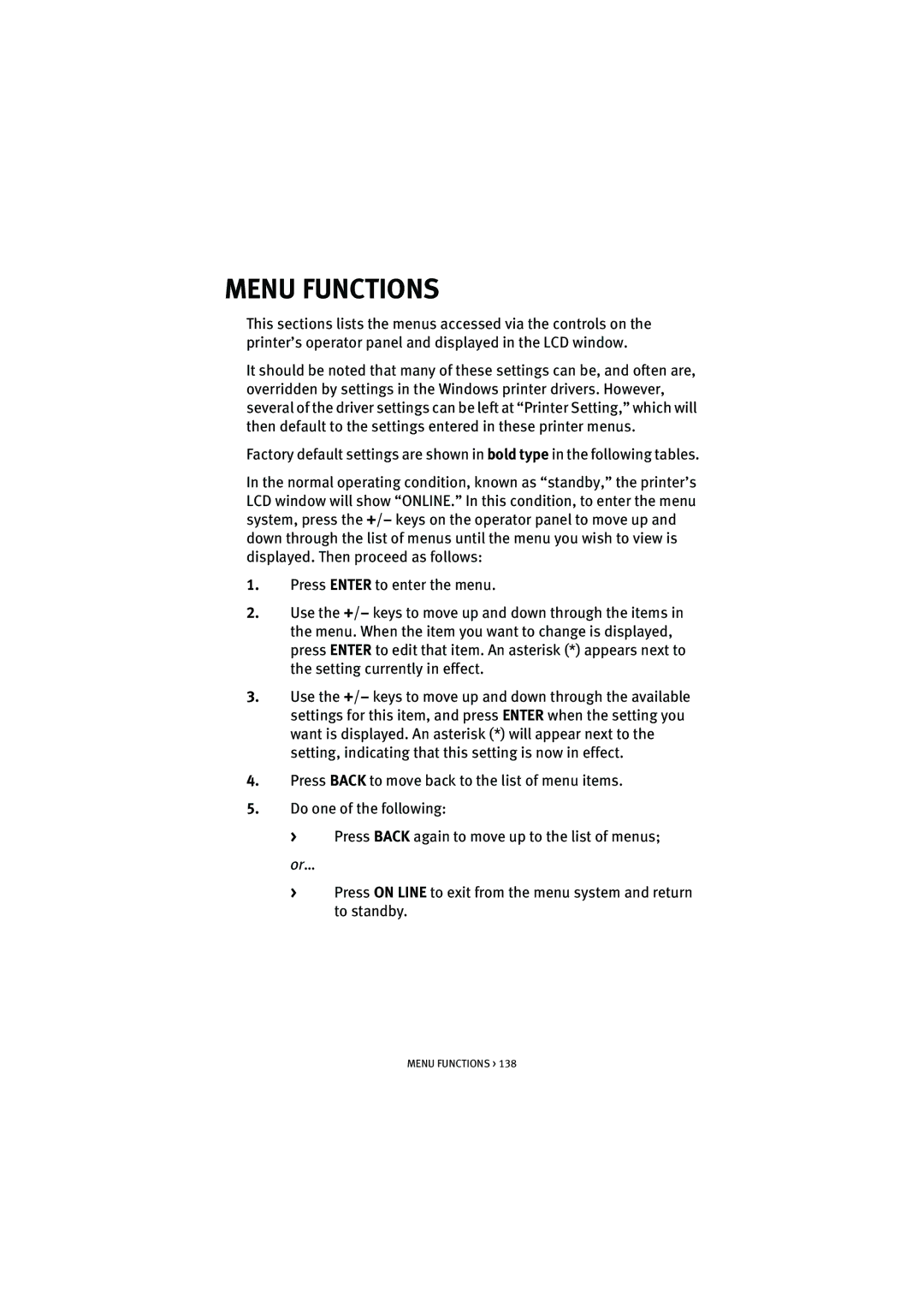 Oki 5300n manual Menu Functions 