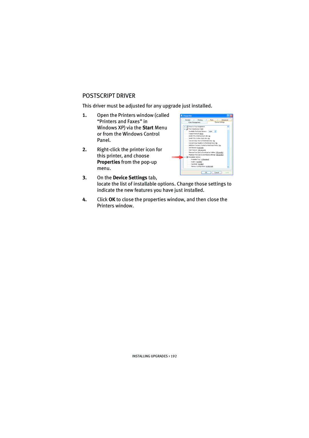 Oki 5300n manual Postscript Driver, On the Device Settings tab 