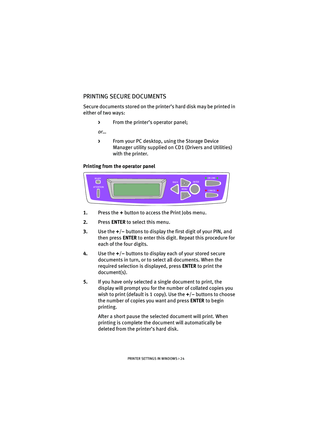 Oki 5300n manual Printing Secure Documents, Printing from the operator panel 