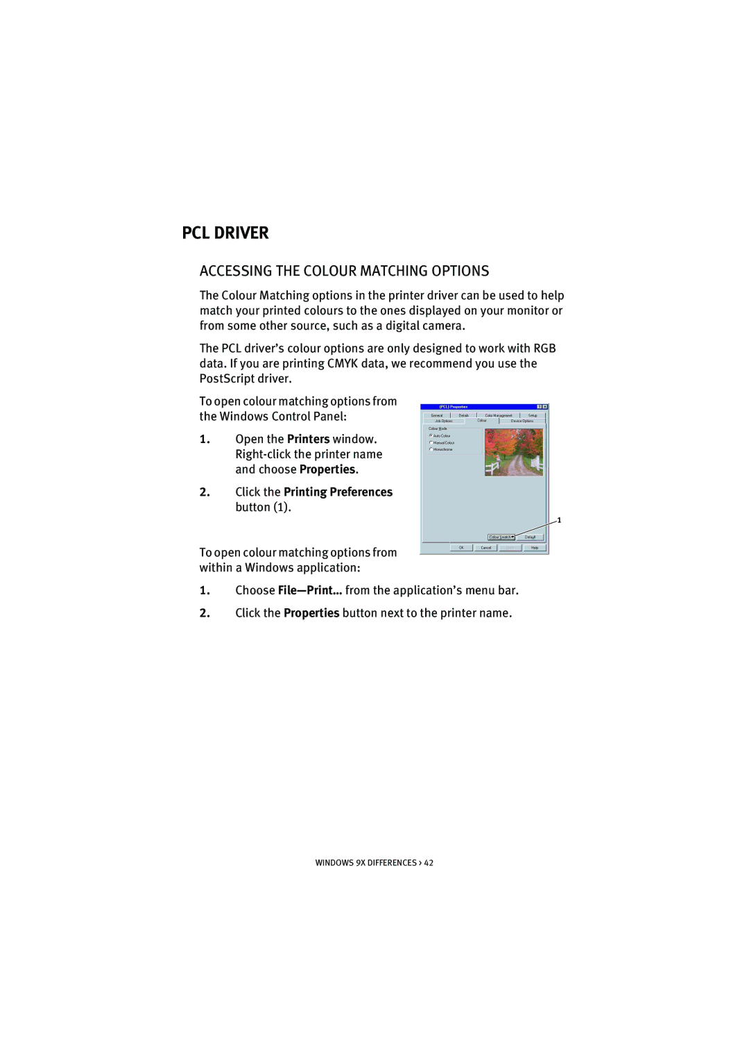 Oki 5300n manual PCL Driver, Accessing the Colour Matching Options 