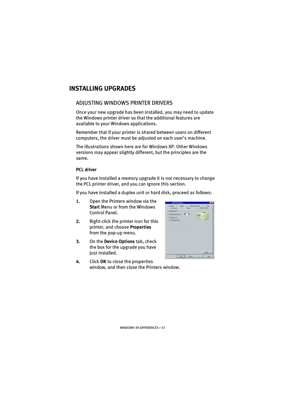 Oki 5300n manual Installing Upgrades, Adjusting Windows Printer Drivers, PCL driver 