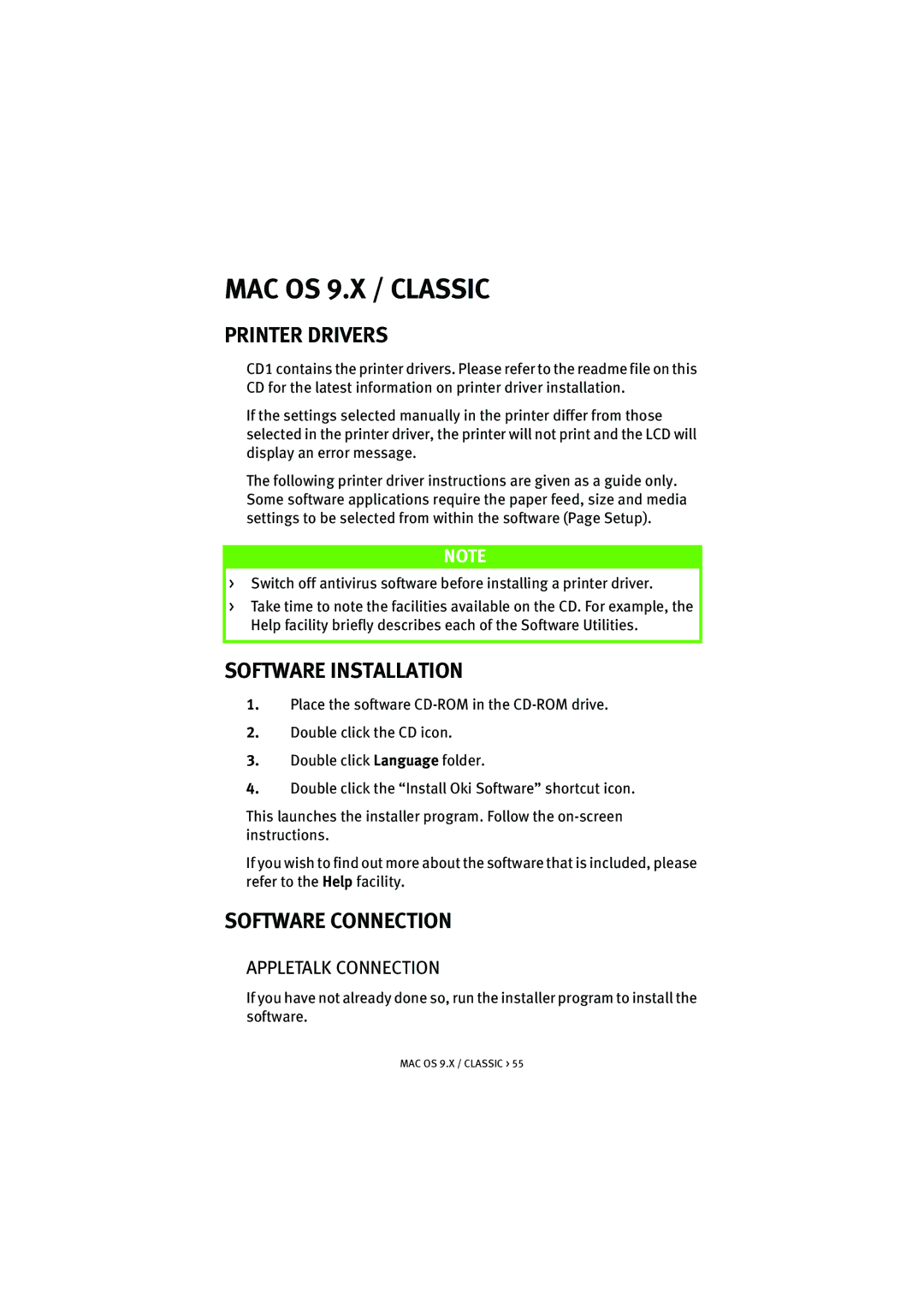 Oki 5300n manual MAC OS 9.X / Classic, Printer Drivers, Software Installation, Software Connection, Appletalk Connection 