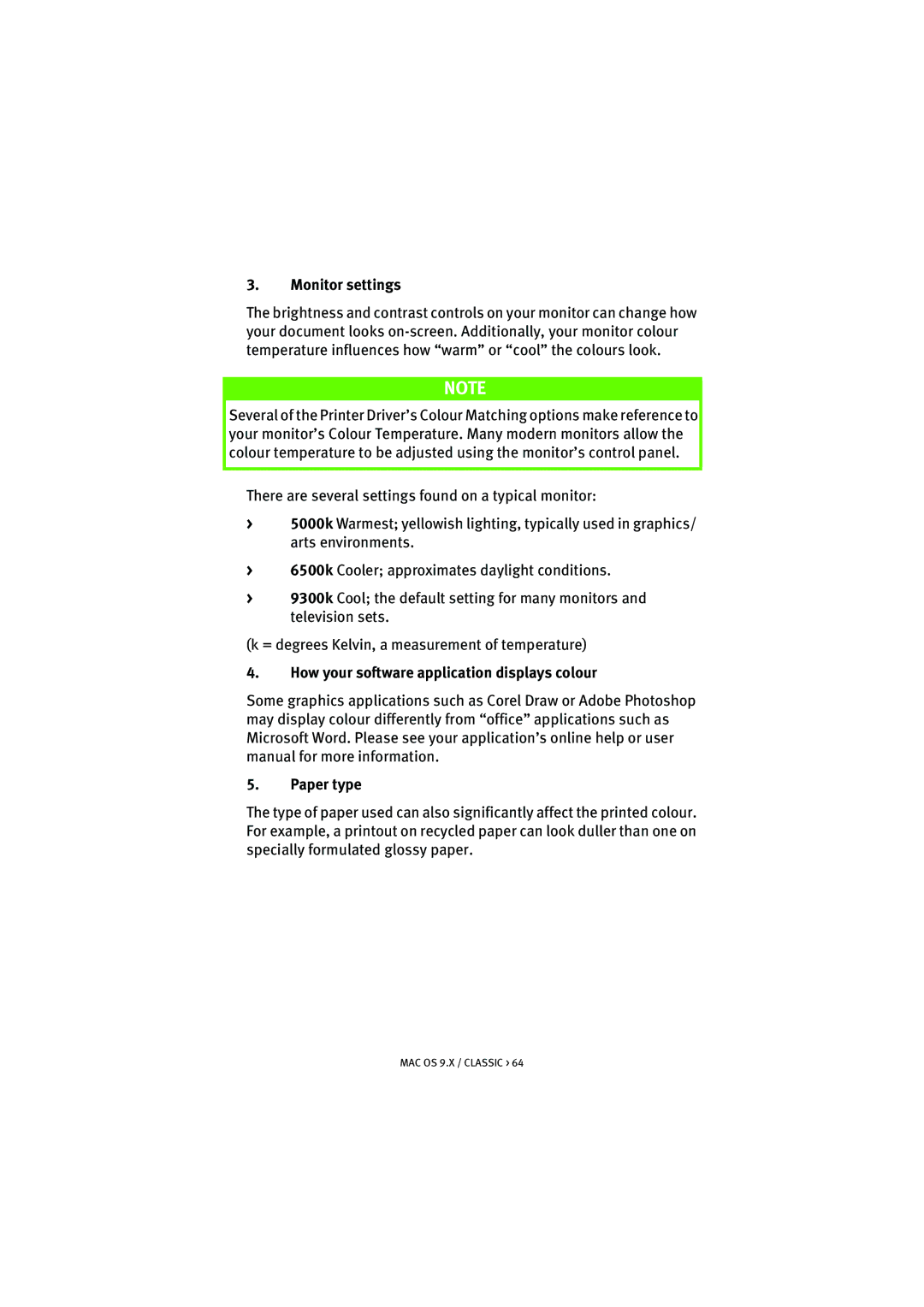 Oki 5300n manual Monitor settings, How your software application displays colour Paper type 