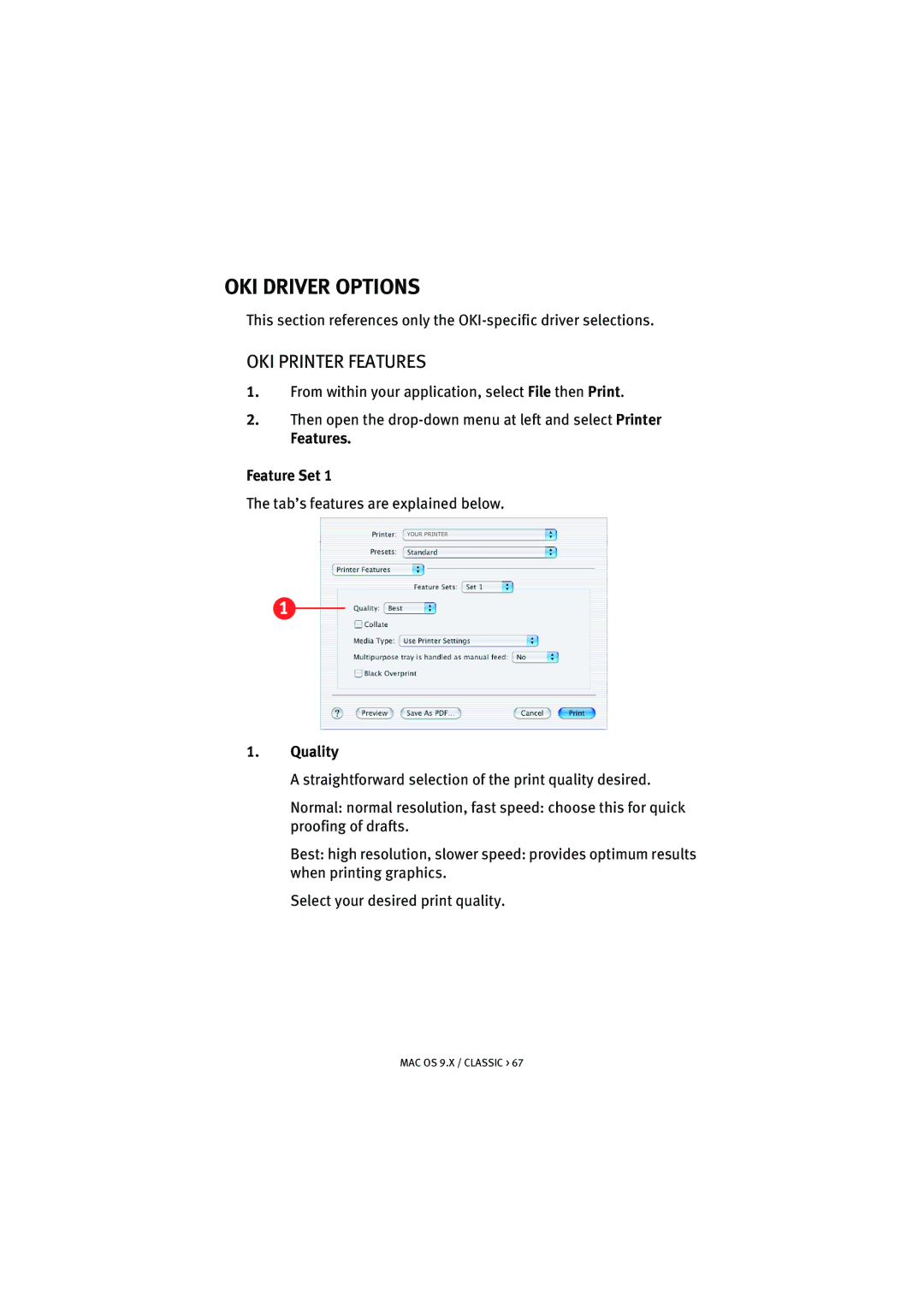 Oki 5300n manual OKI Driver Options, OKI Printer Features, Features Feature Set, Quality 