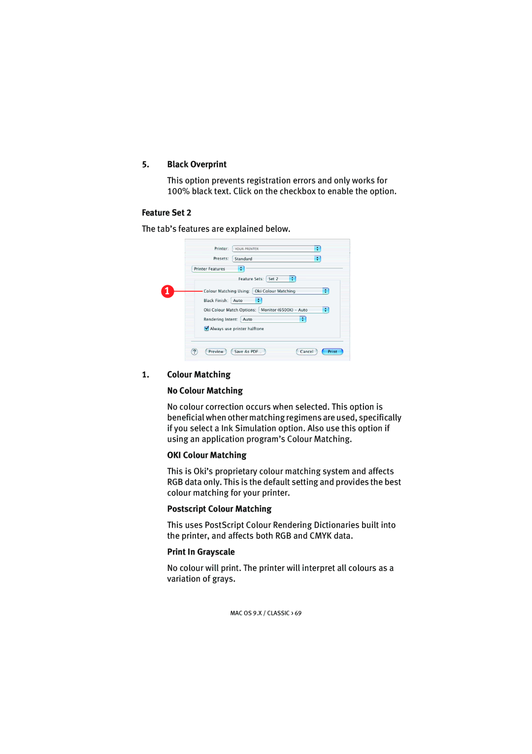 Oki 5300n manual Black Overprint, Postscript Colour Matching, Print In Grayscale 