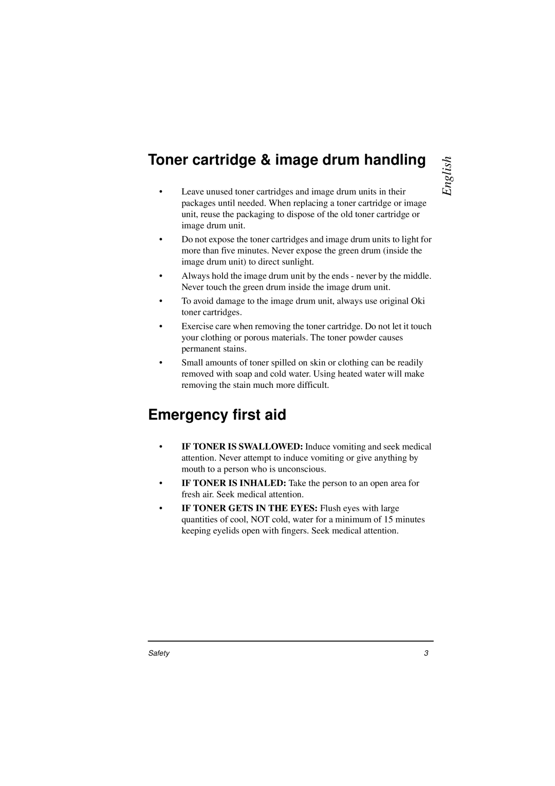 Oki 5400 manual Toner cartridge & image drum handling, Emergency first aid 