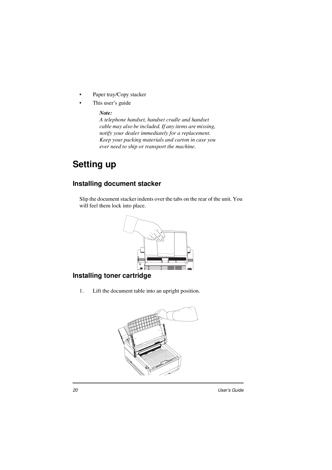 Oki 5400 manual Setting up, Installing document stacker, Installing toner cartridge 