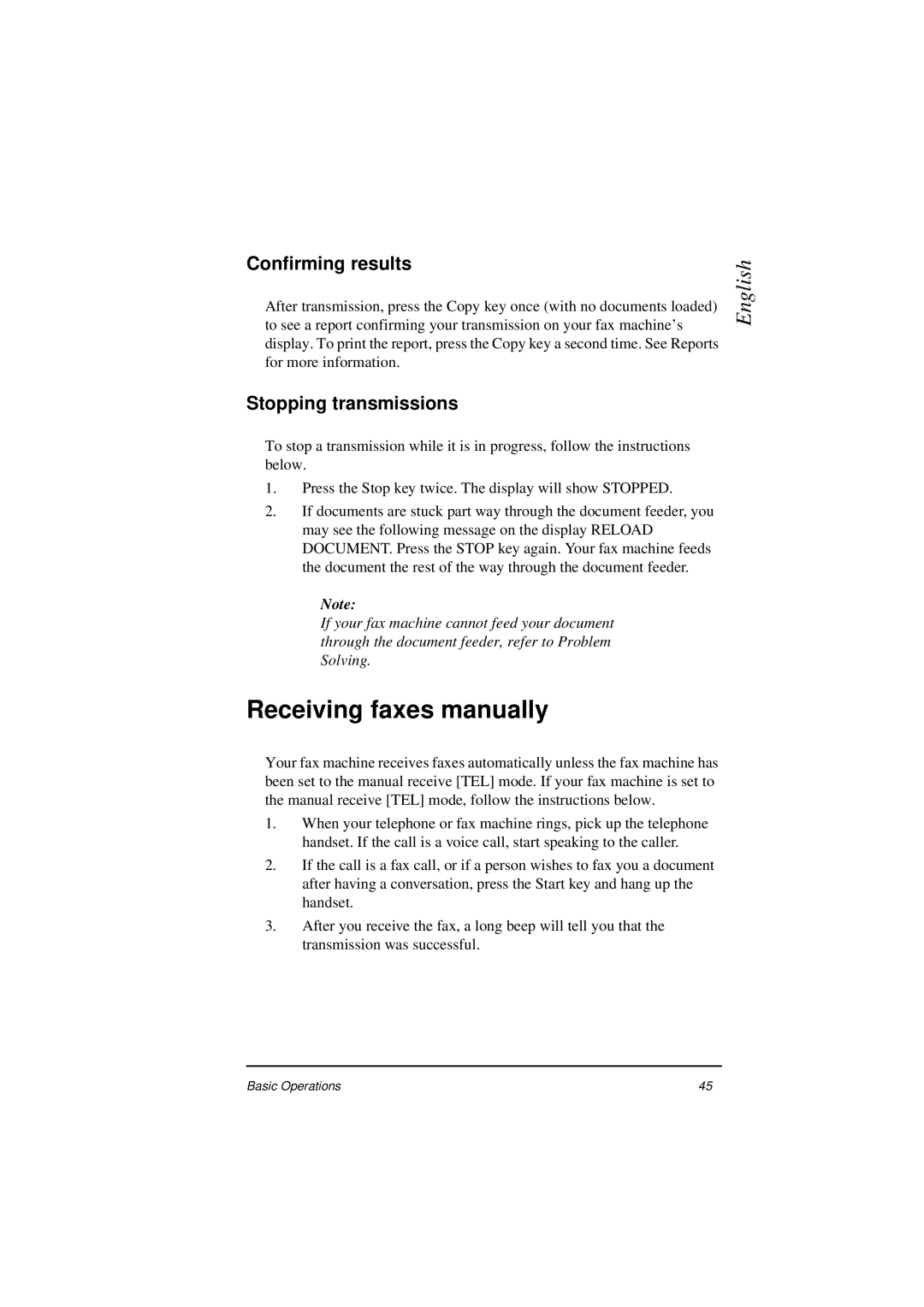 Oki 5400 Receiving faxes manually, Confirming results, Stopping transmissions 