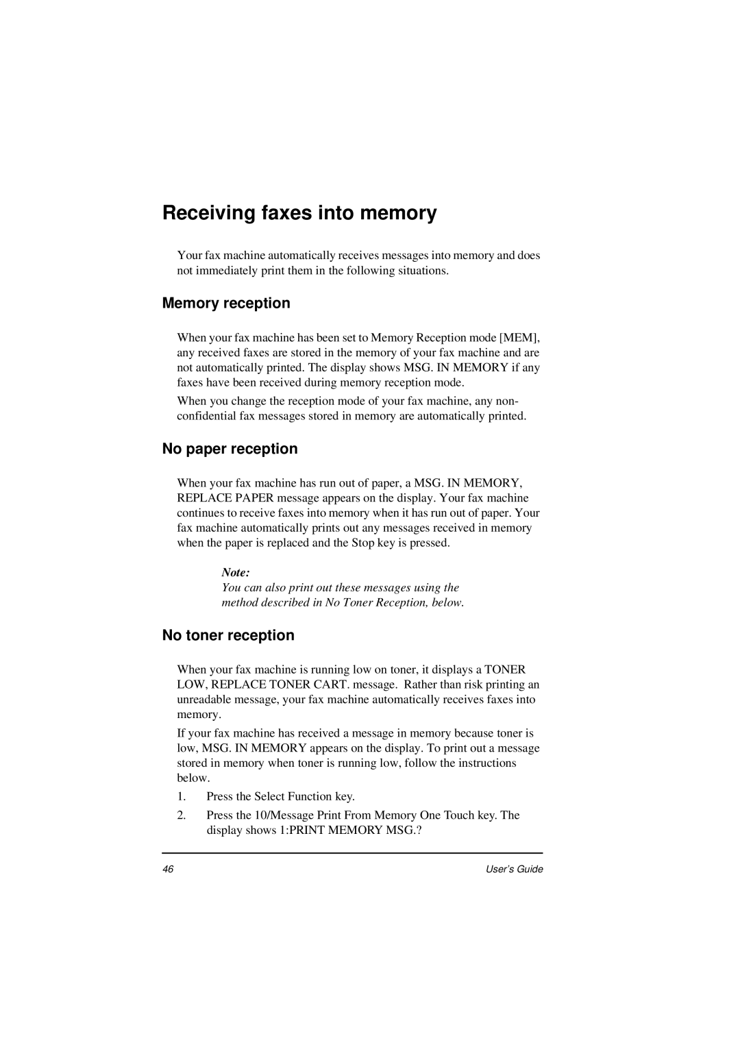 Oki 5400 manual Receiving faxes into memory, Memory reception, No paper reception, No toner reception 