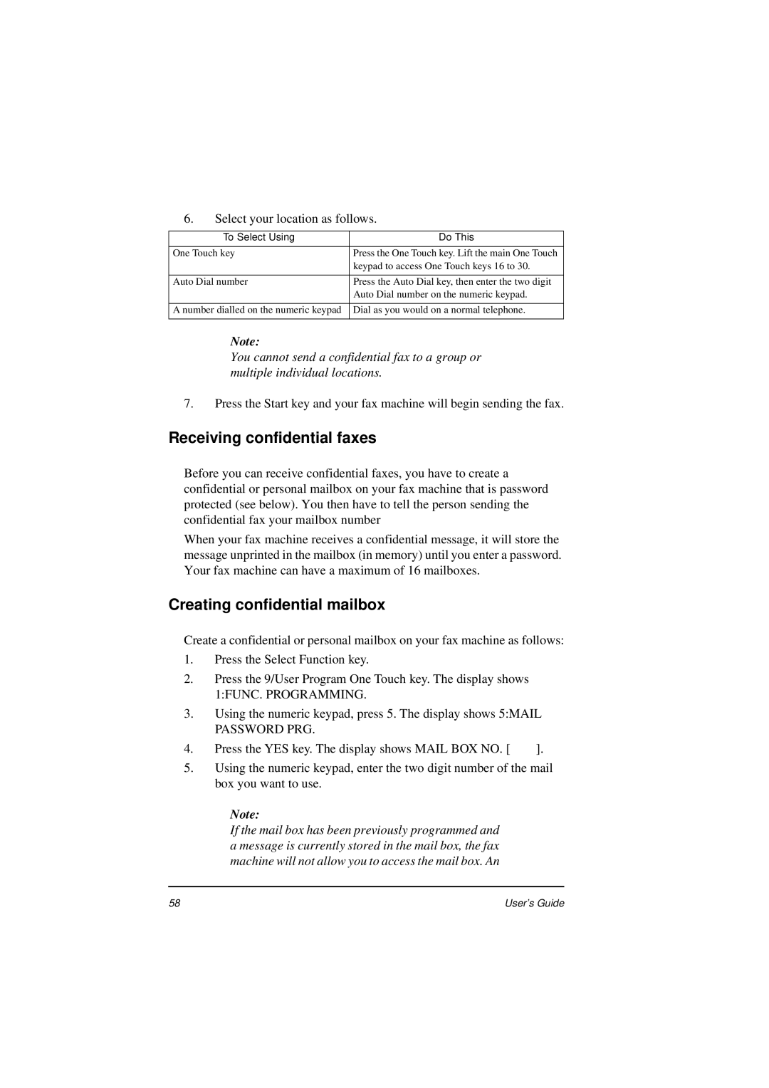 Oki 5400 manual Receiving confidential faxes, Creating confidential mailbox, Password PRG 